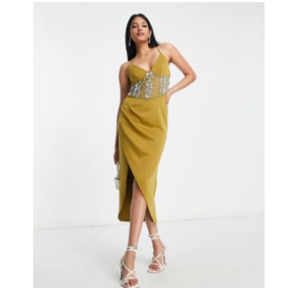 New Elegant Mustard Dress with Silver Accents